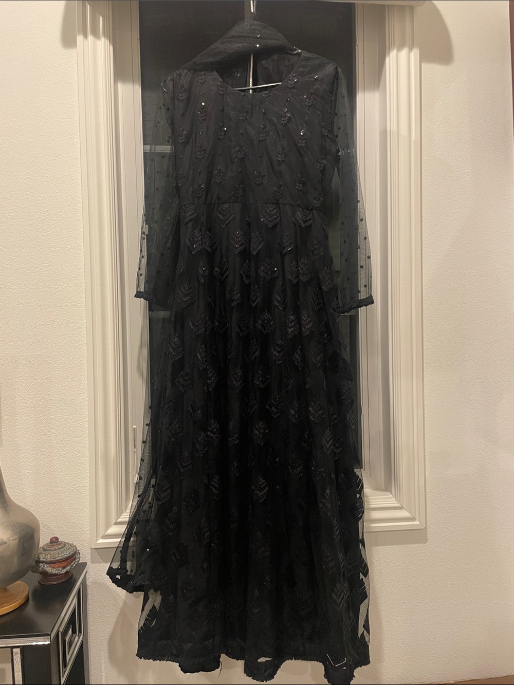 Elegant Black Embroidered Long Sleeve Women’s peshwaz